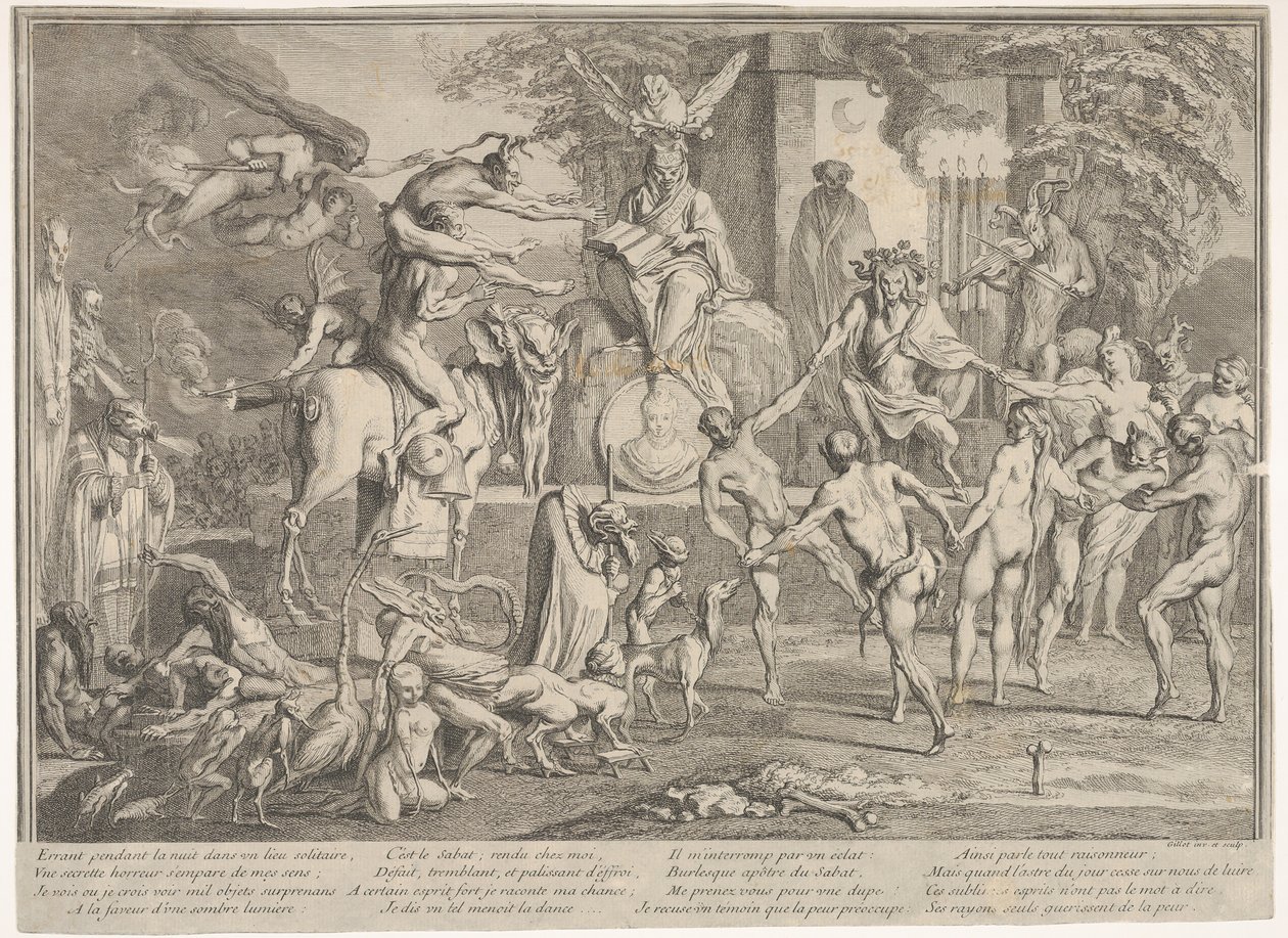 Heksensabbat, binnen een nachtelijk landschap, een necromancer zittend bovenaan, ca. 1700-1720 door Claude Gillot