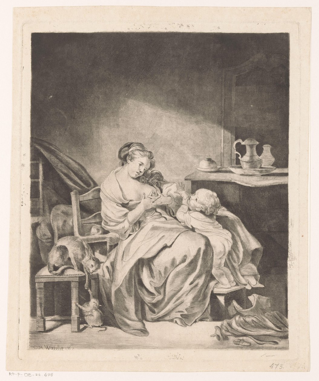 Interieur met een zittende vrouw die haar kind voedt door Claude Henri Watelet