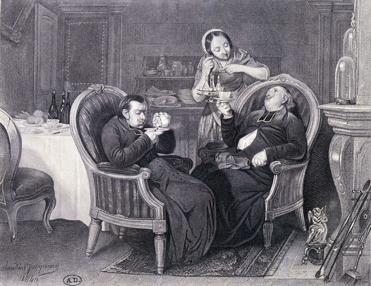 Na het eten: Twee priesters drinken koffie en digestief, geserveerd door hun dienstmeid door Claude Jacquand