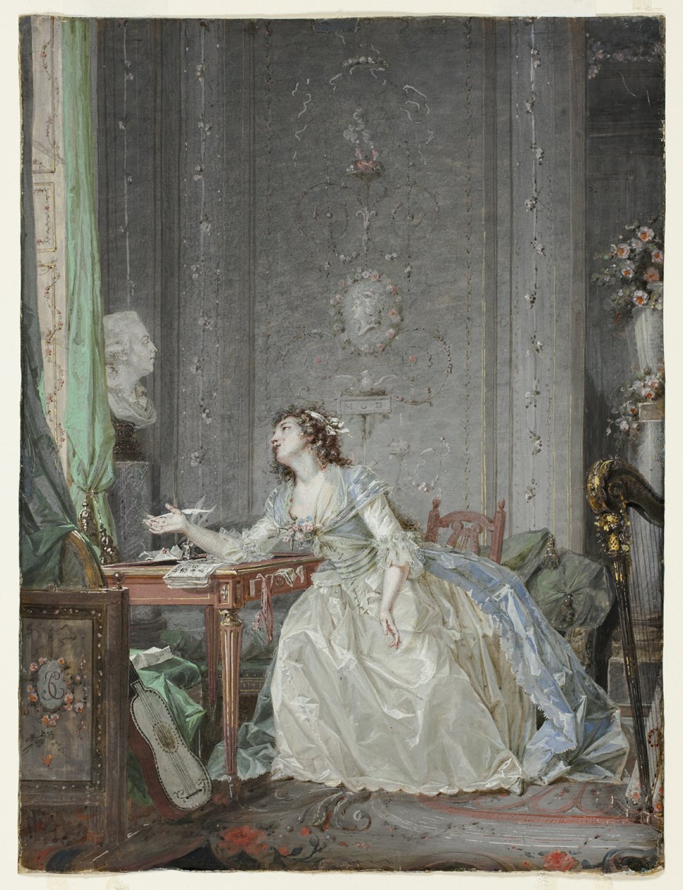 Interieur met een Portret van een Jonge Dame voor een Buste door Claude Jean Baptiste Hoin