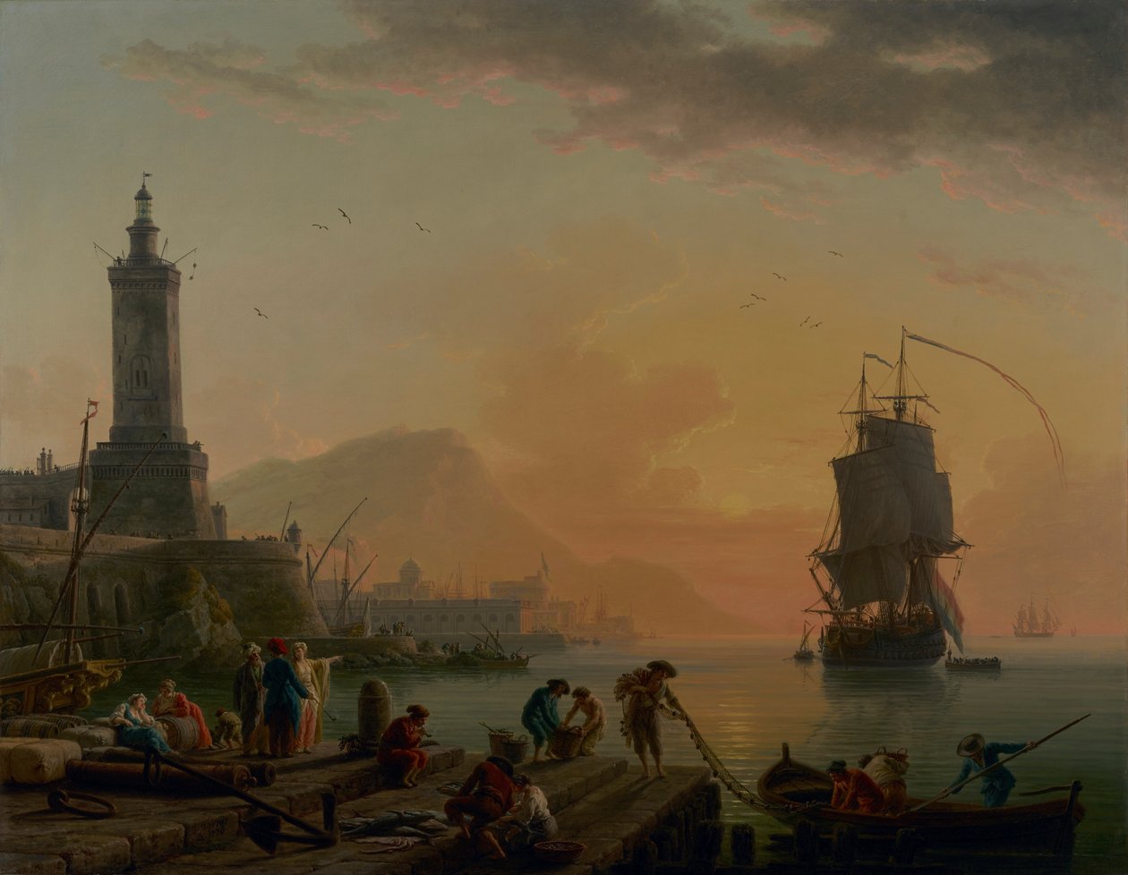 Middellandse Zeehaven. Windstilte, Avondrust door Claude Joseph Vernet