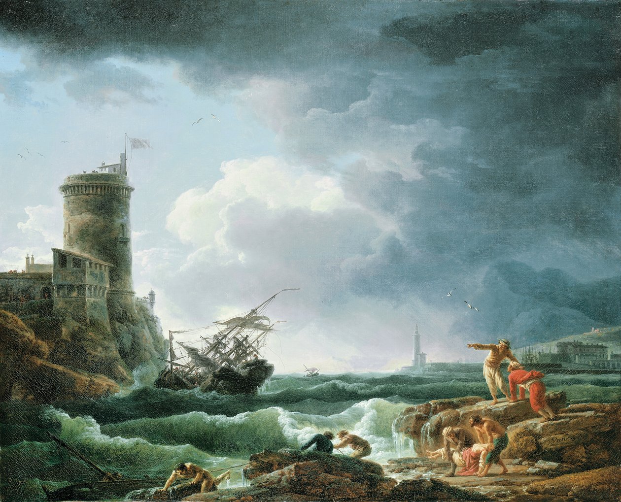 Een Storm met Schipbreuk bij een Fort, een Schipbreukeling op de Voorgrond, 1769 door Claude Joseph Vernet