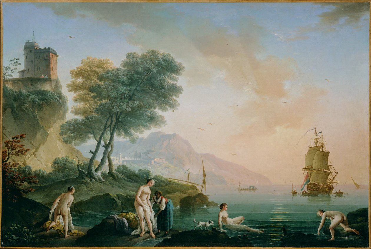 Zwemmende meisjes aan de kust (schilderij op doek) door Claude Joseph Vernet