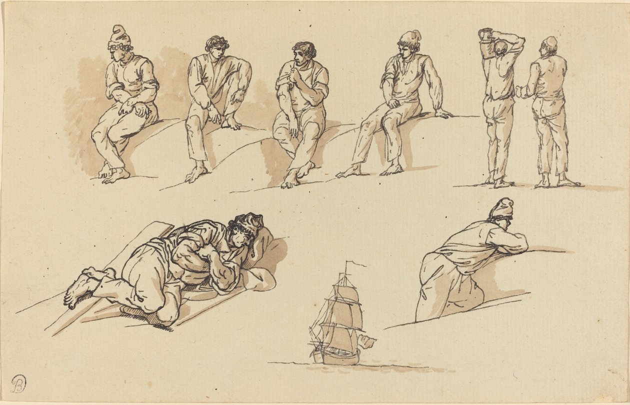 Acht Studies van Figuren en een Schip op Zee door Claude Joseph Vernet