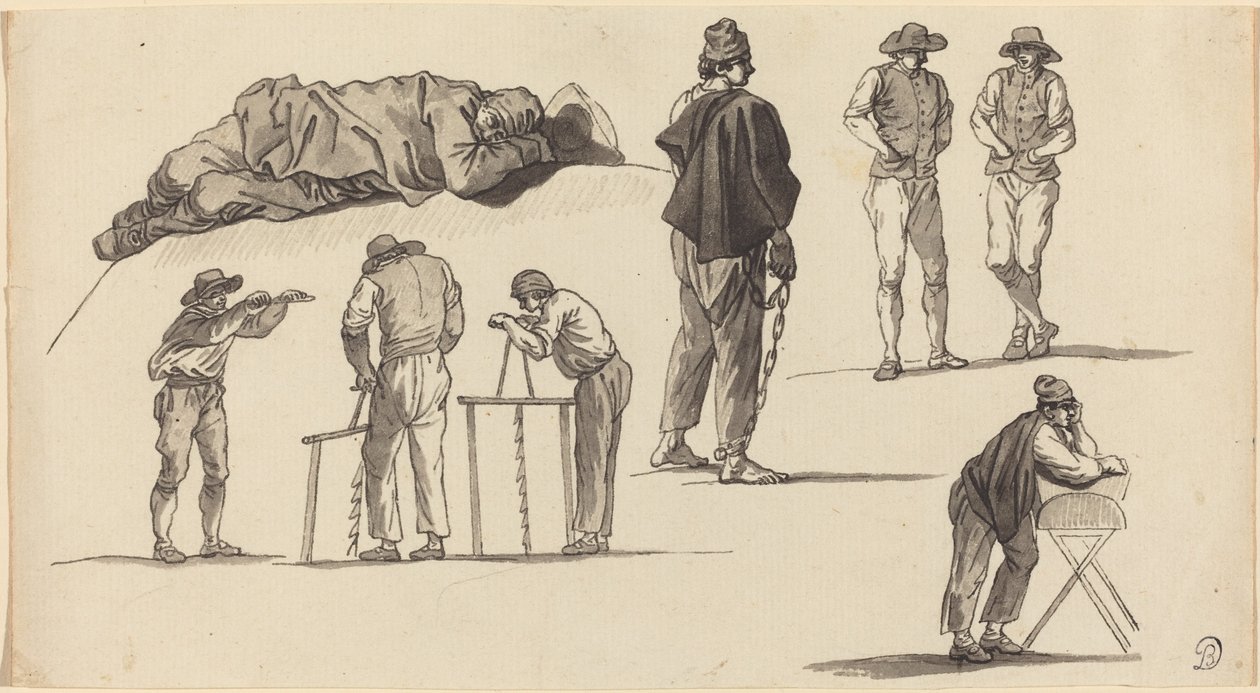 Figurenstudies, Inclusief Een Man die op de Grond Slaapt en Twee Mannen die Zagen door Claude Joseph Vernet