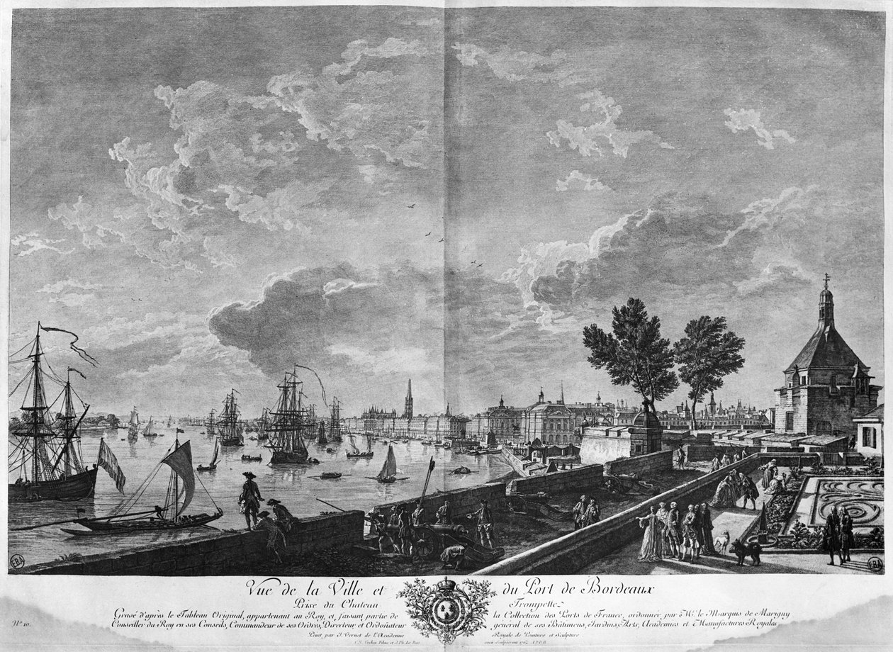 Uitzicht op de Stad en Haven van Bordeaux gezien vanaf Chateau Trompette, serie "Les Ports de France", gegraveerd door Charles Nicolas Cochin de Jongere door Claude Joseph Vernet