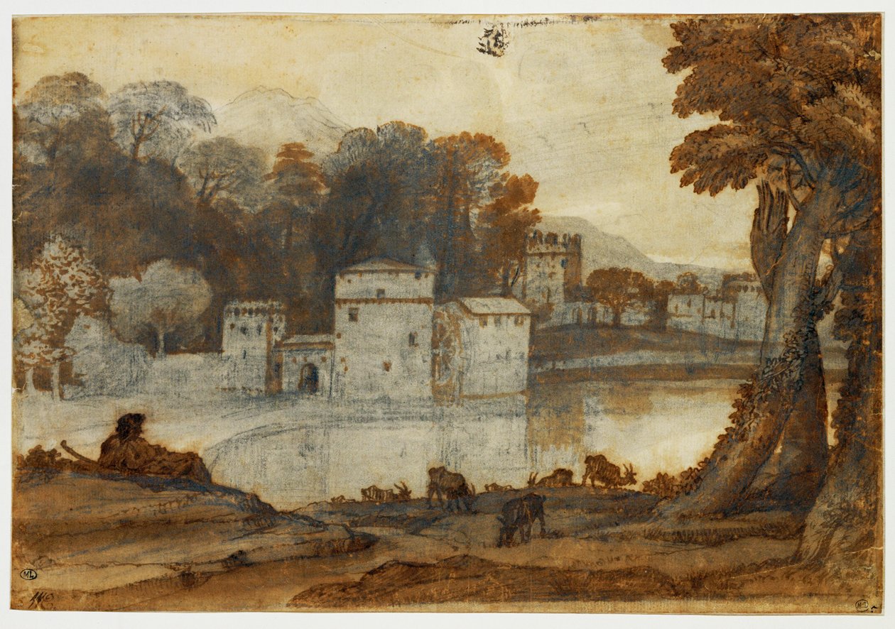 Herder naast een meer bij een versterkte molen ... door Claude Lorrain (1600 82)