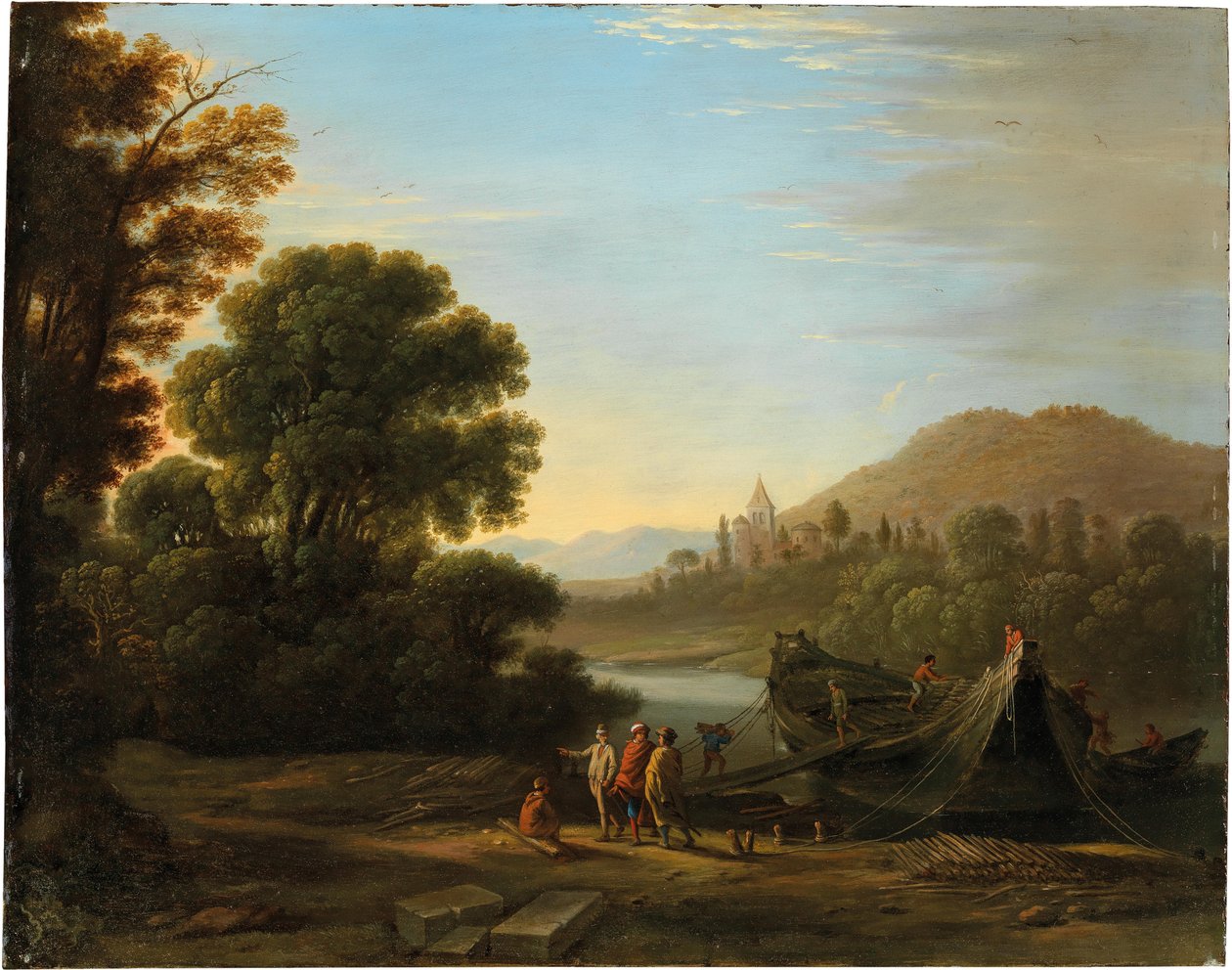 Frans: Paysage avec personnages chargeant du bois sur un bateau Landschap met figuren die hout op een boot laden door Claude Lorrain