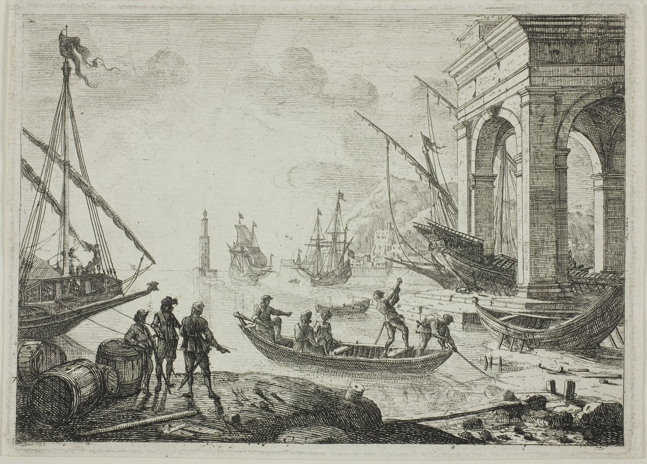 Havenscène met een vuurtoren door Claude Lorrain