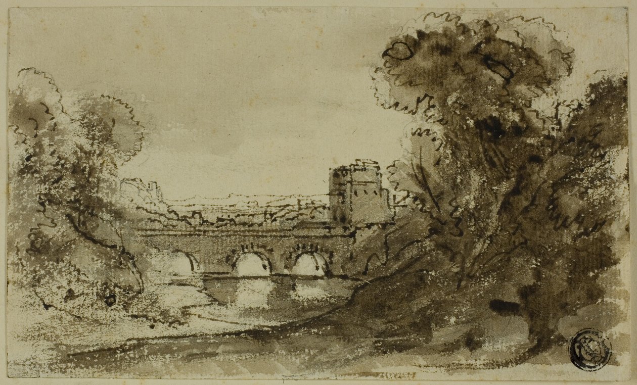 Italiaans rivierlandschap met brug en toren door Claude Lorrain