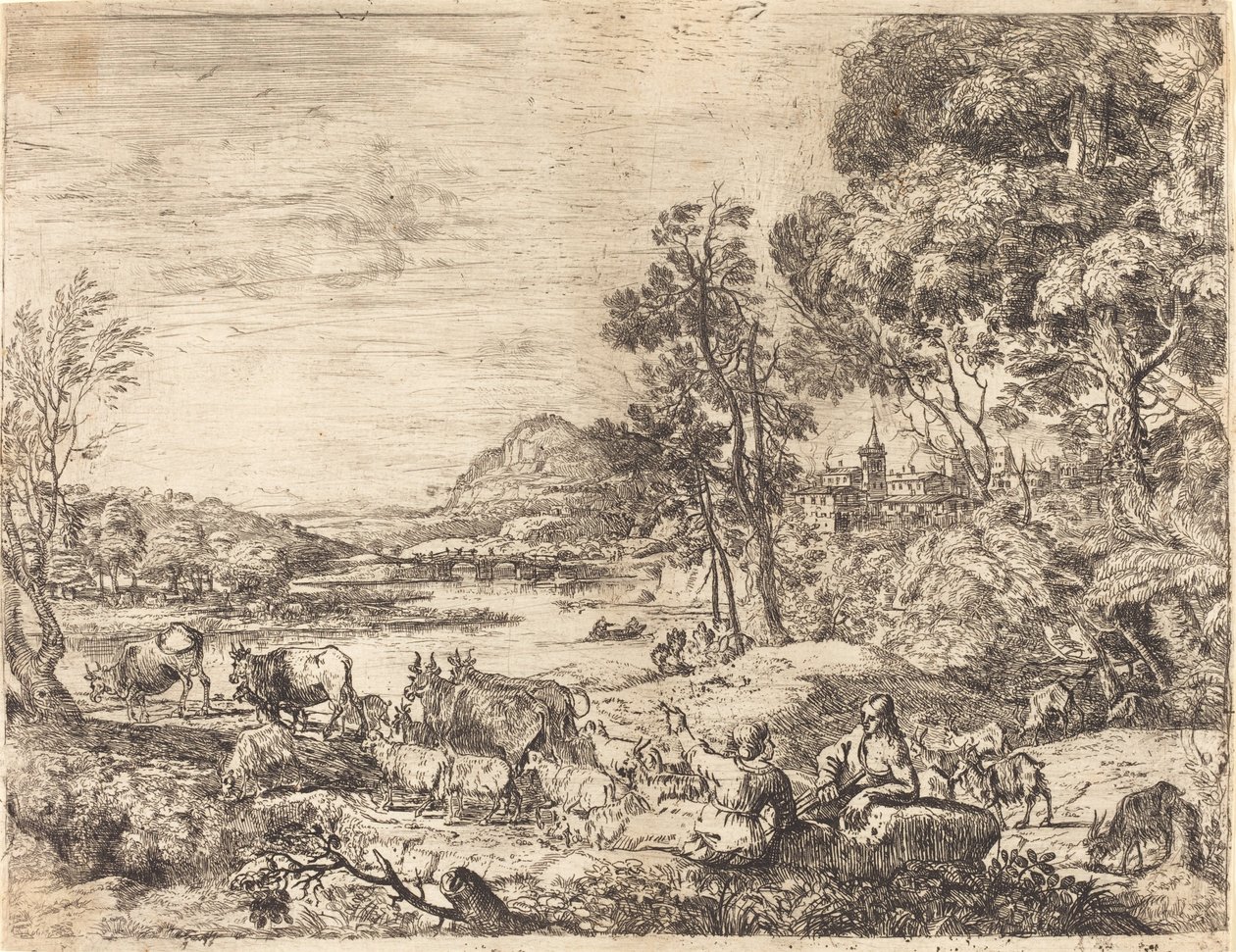 Herder en herderin in gesprek in een landschap door Claude Lorrain