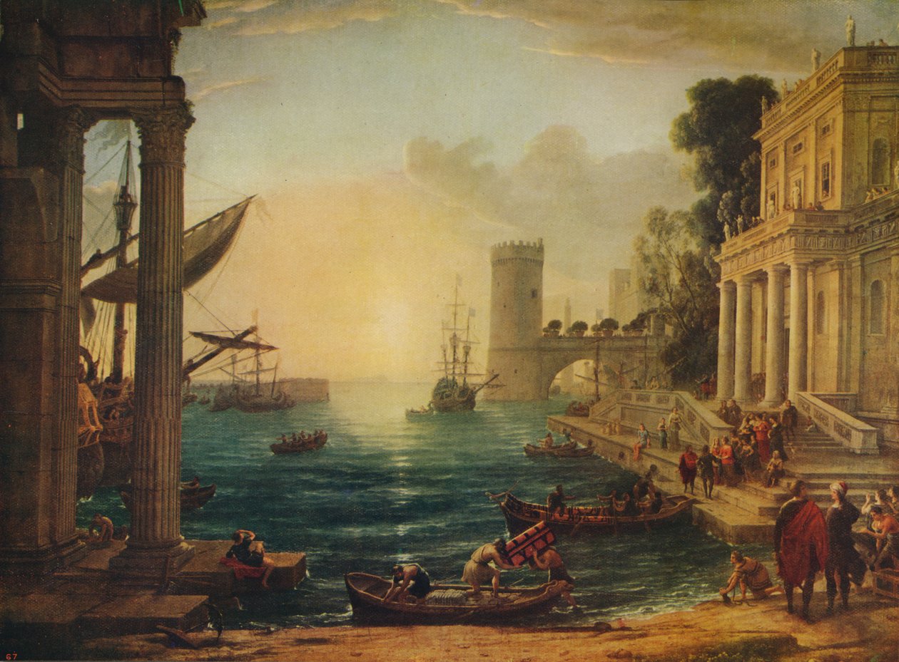 De inscheping van de koningin van Sheba door Claude Lorrain