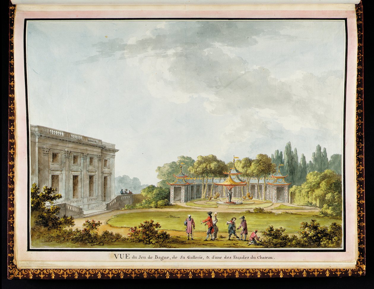 "Vue de Jeu de Bague, de Sa Gallerie, & d"une des Façades du Chateau", uit Het Kasteel en de Tuinen van de Koningin in het Petit Trianon: Een Weelderig Album van Originele Tekeningen en Plannen in Opdracht van Marie-Antoinette, door architect Richard Mique door Claude Louis Chatelet