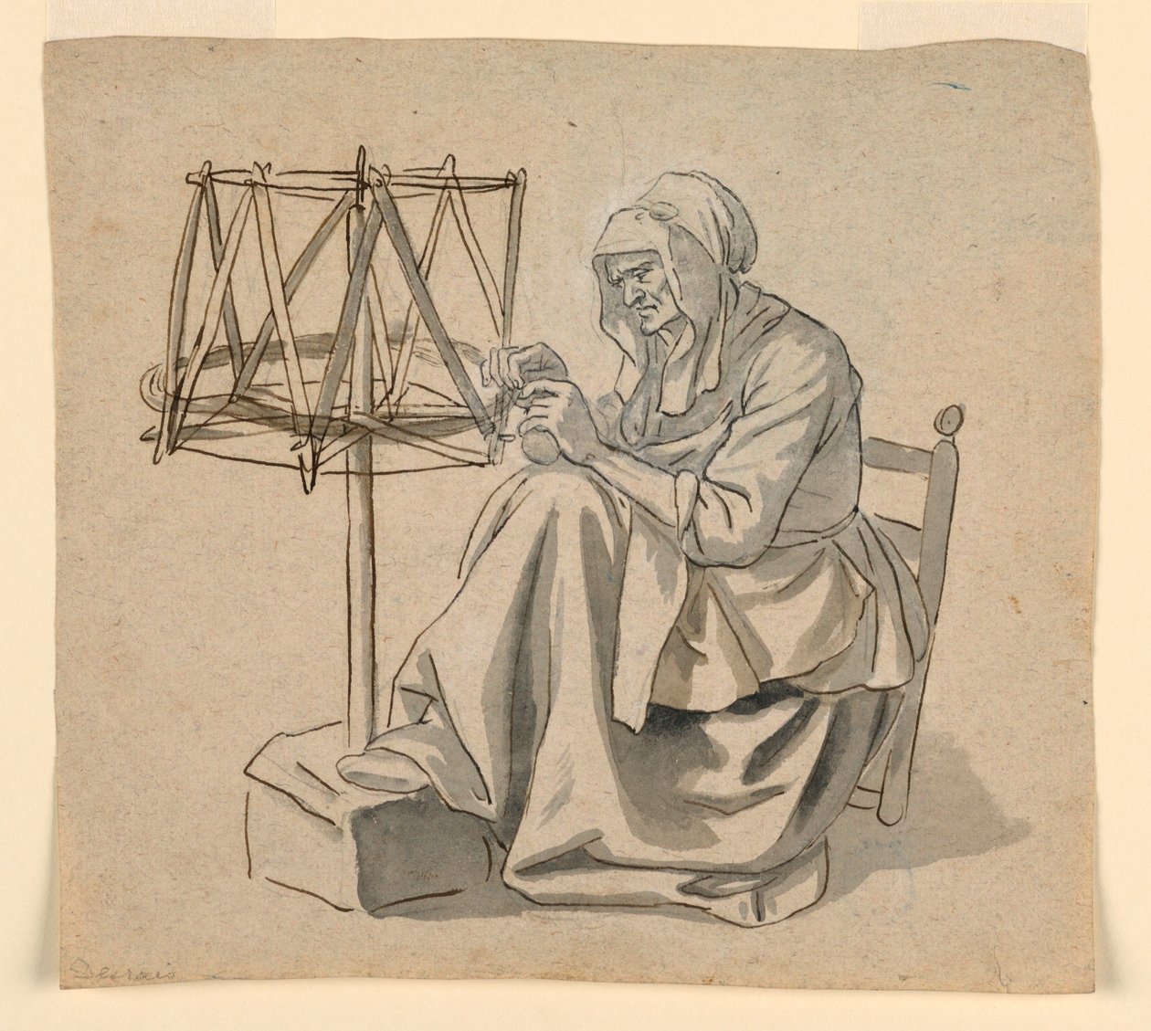 Tekening, Een oude vrouw spint, 1810-30 door Claude Louis Desrais