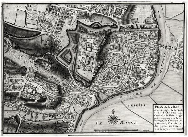 Atlas 131 F fol.8 Kaart van Saintes, hoofdstad van Saintonge, uit Recueil des Plans de Saintonge, 1716 door Claude Masse