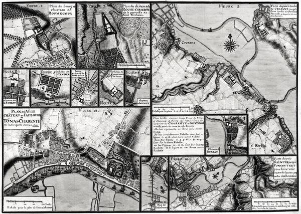 Fol.7 & 98 Kaart van de steden en kastelen langs de Charente Rivier in 1714, uit Recueil des Plans de Saintonge door Claude Masse