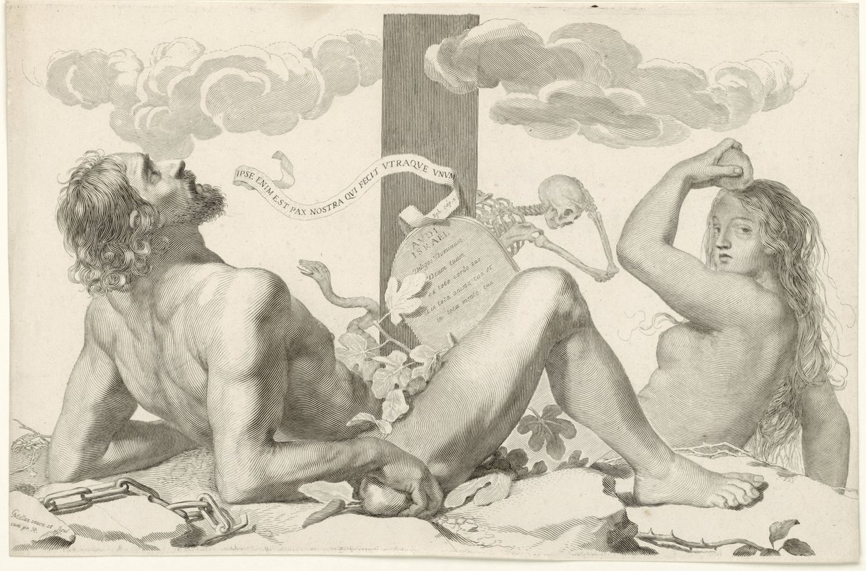 Adam en Eva aan de voet van het kruis door Claude Mellan