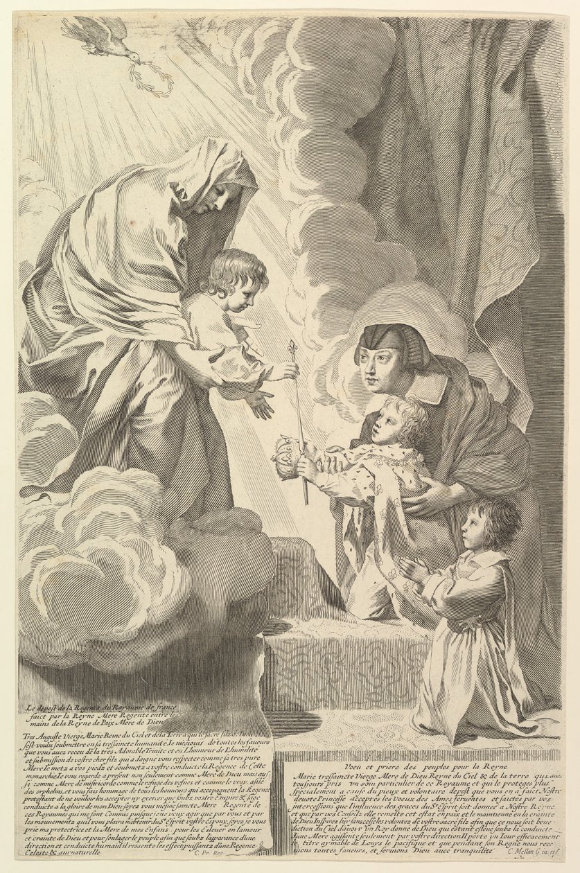 Anna van Oostenrijk met de jonge Lodewijk XIV en Monsieur voor de Maagd en het Kind Anne dAutr... door Claude Mellan