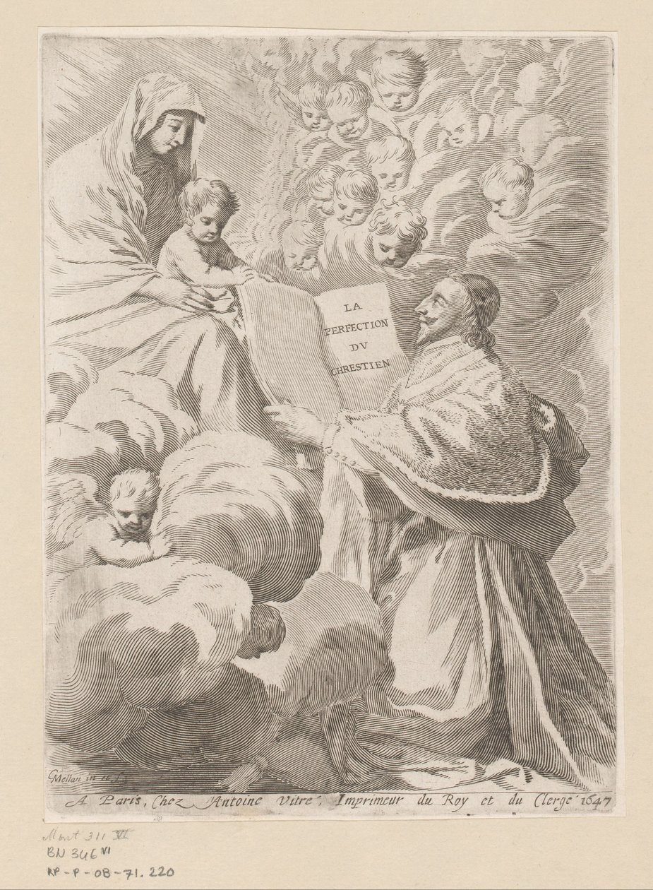 Armand-Jean du Plessis hertog van Richelieu presenteert een boek aan Maria met Kind. Titelpagina voor: Armand-Jean du Plessis hertog van Richelieu, Traité de la perfection du chrétien door Claude Mellan