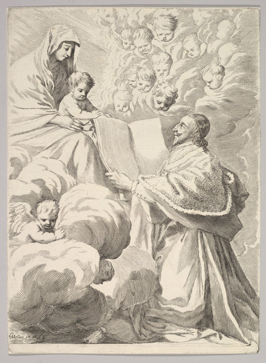 Kardinaal Richelieu, knielend, presenteert zijn boek aan de Maagd en het Kind, ca. 1646 door Claude Mellan