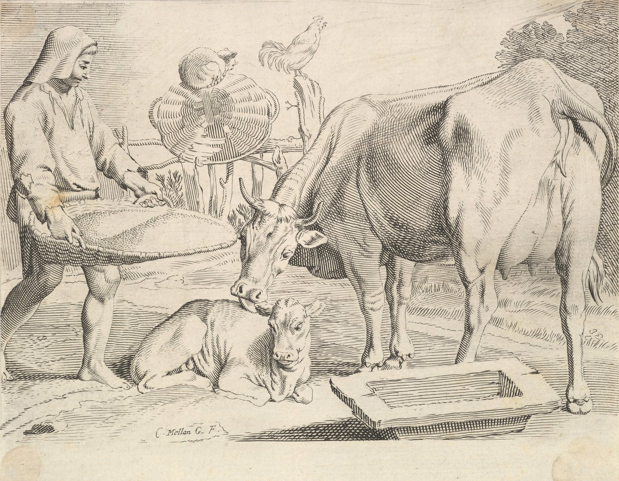 Plattelandsscène met een boer, koe en kalf door Claude Mellan