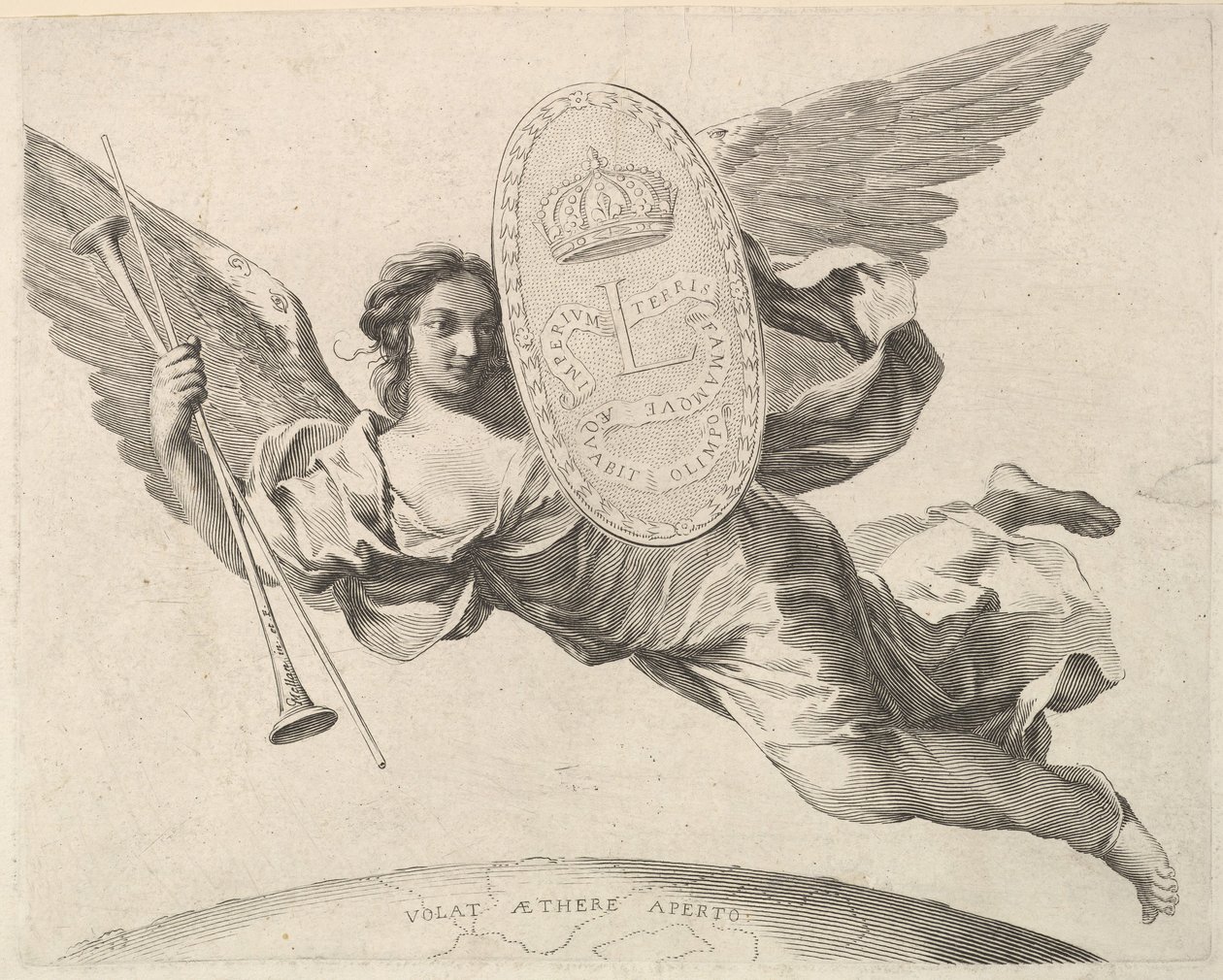 Roem die een schild draagt met de initialen van Lodewijk XIV La Renommée volant door Claude Mellan