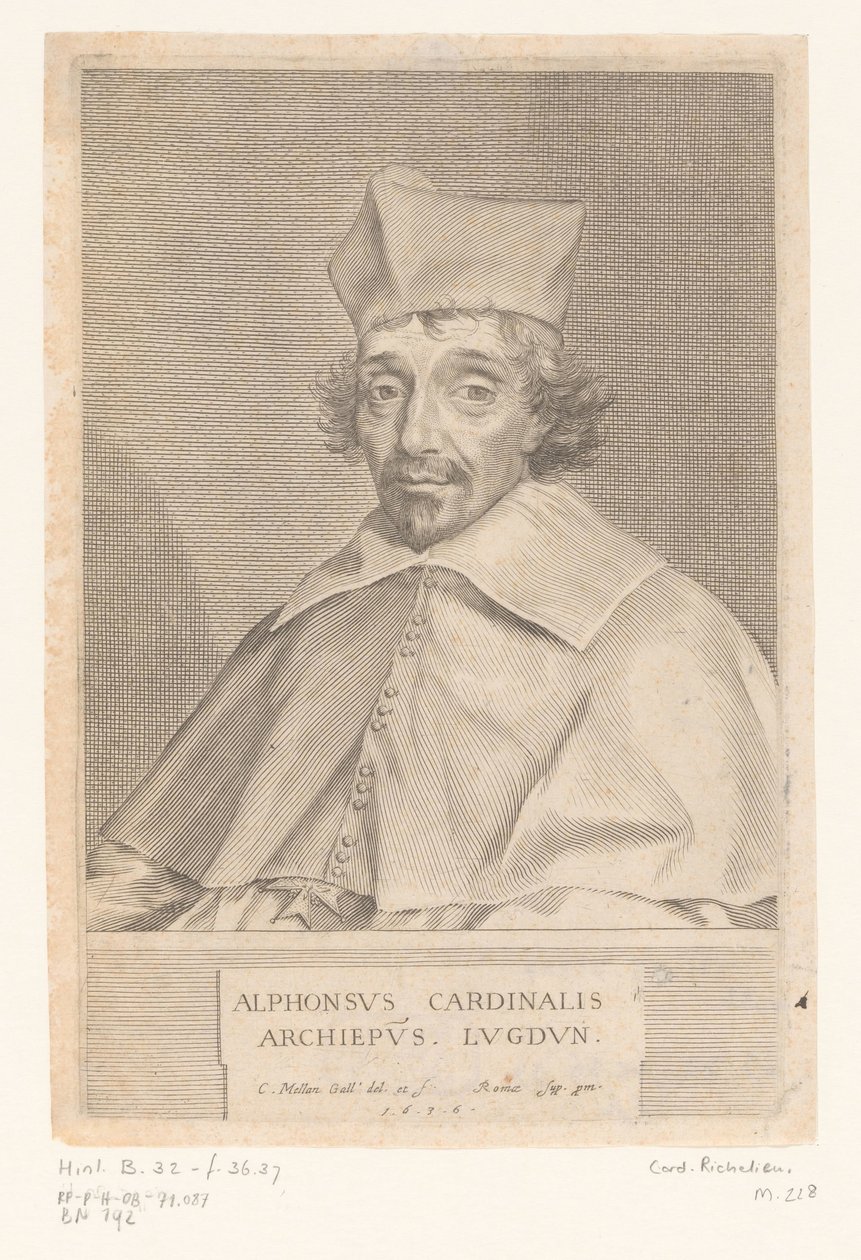Portret van Alphonse Louis du Plessis de Richelieu, aartsbisschop van Lyon door Claude Mellan