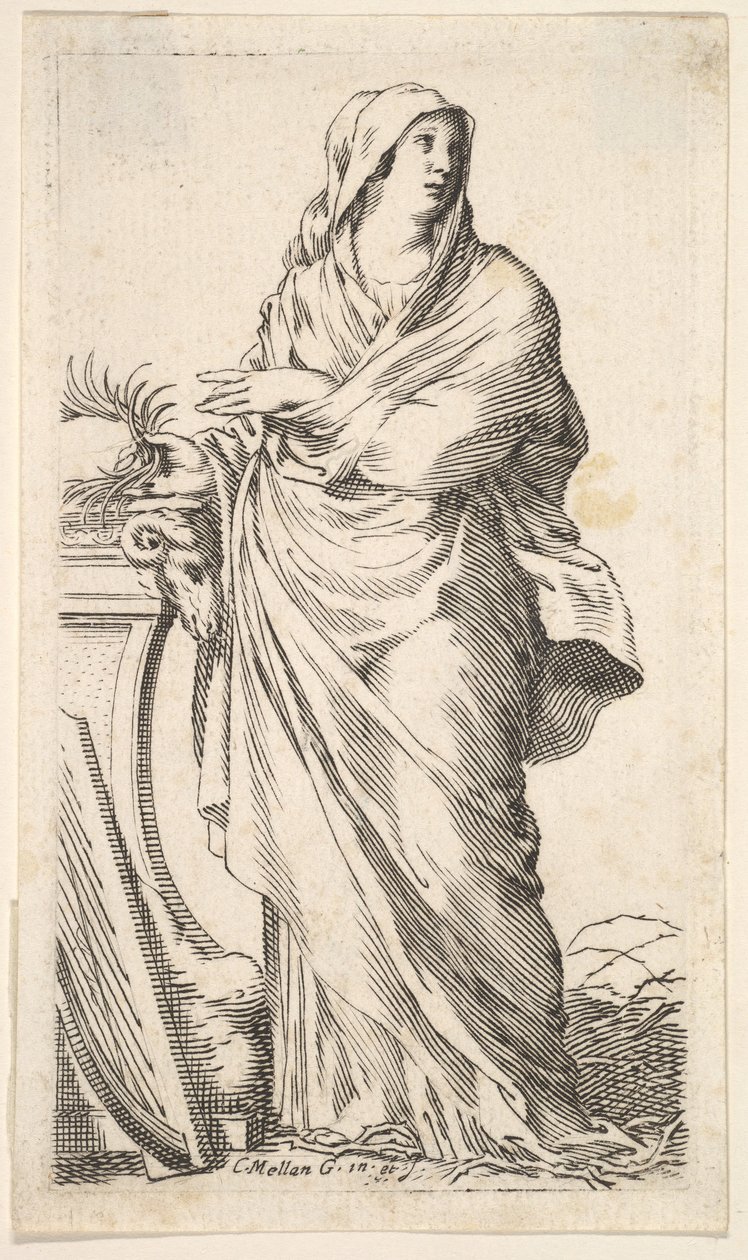 Geklede vrouw staand naast een sokkel, haar rechterhand draagt een palmtak, een harp r... door Claude Mellan