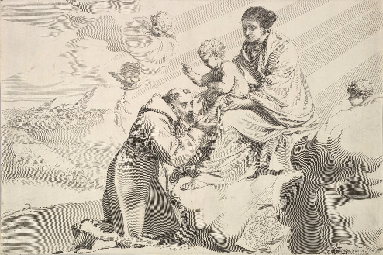 Sint Franciscus van Assisi die het Christuskind aanbidt op de schoot van de Maagd door Claude Mellan