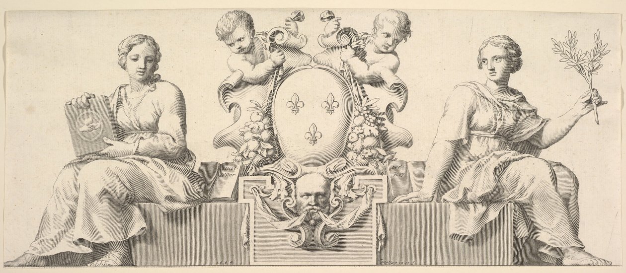 De Wapens van Frankrijk Vergezeld door Personificaties van Wet en Goede Trouw, 1664 door Claude Mellan