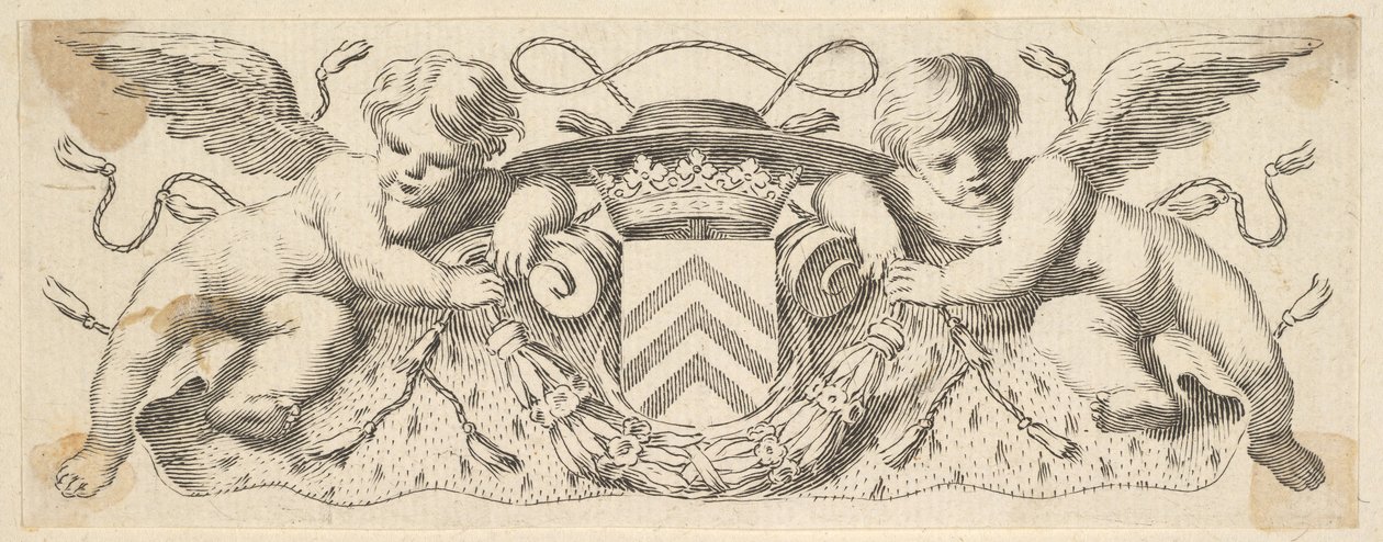 Twee cherubijnen met de wapens van kardinaal Richelieu, voor 1642 door Claude Mellan