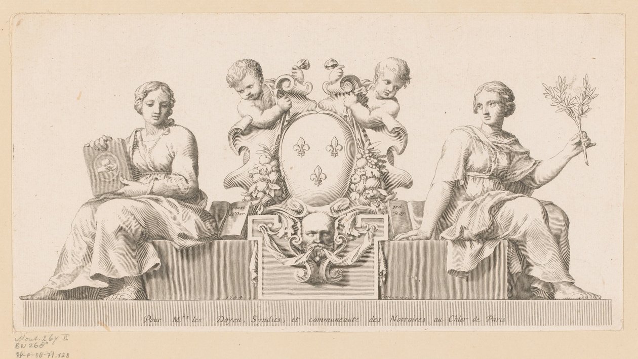 Wapen van de notarissen van het Châtelet in Parijs met personificaties van het Goede Geloof en de Wet door Claude Mellan