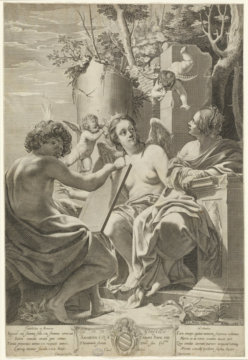 Allegorie van intellect, geheugen en wil door Claude Mellan after Simon Vouet