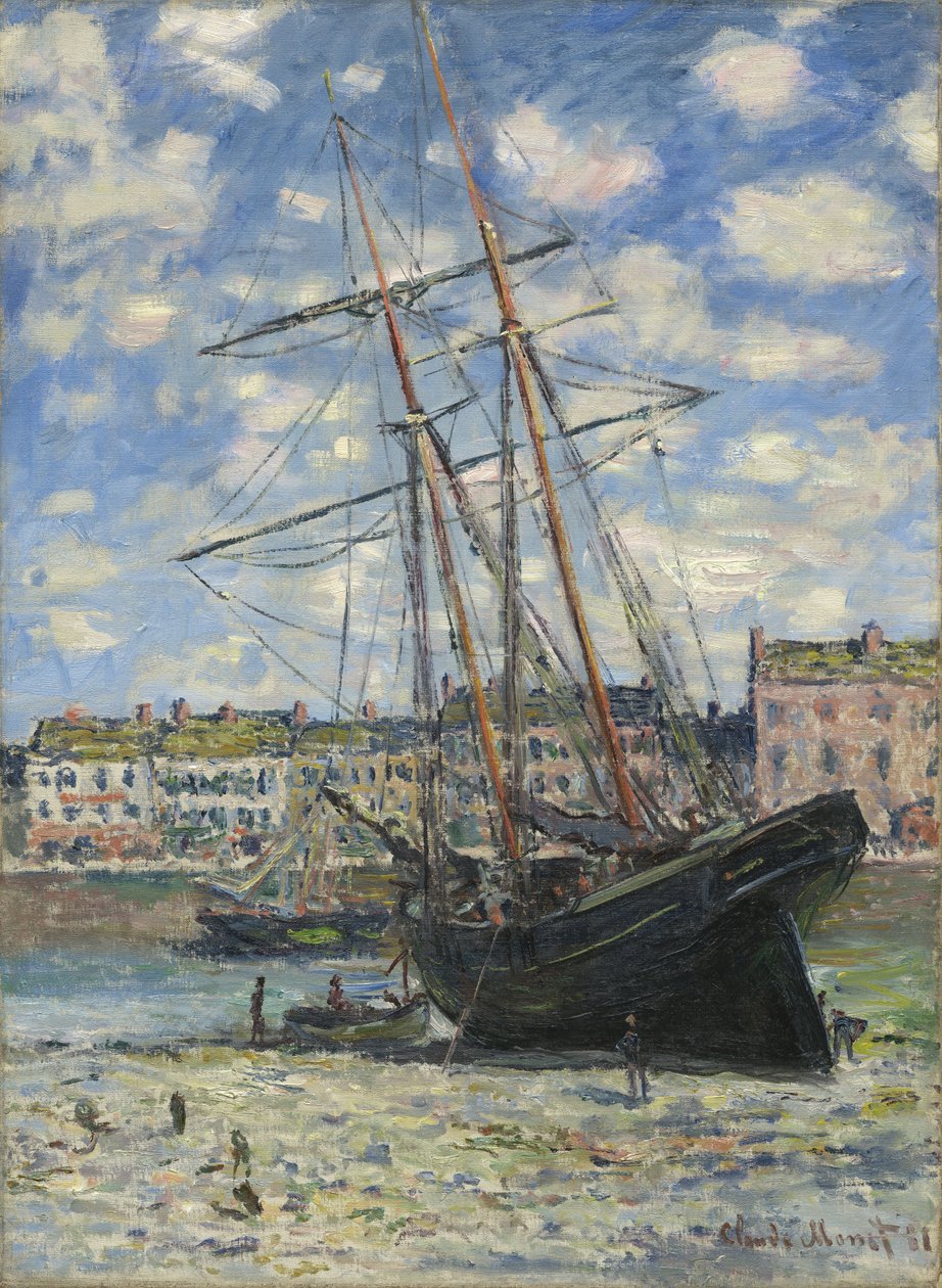 Boot bij eb door Claude Monet
