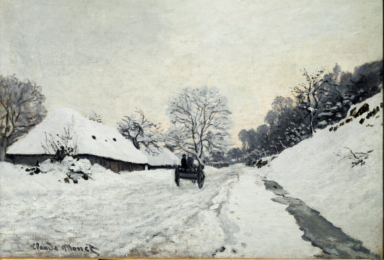 Kar, weg onder sneeuw in Honfleur door Claude Monet