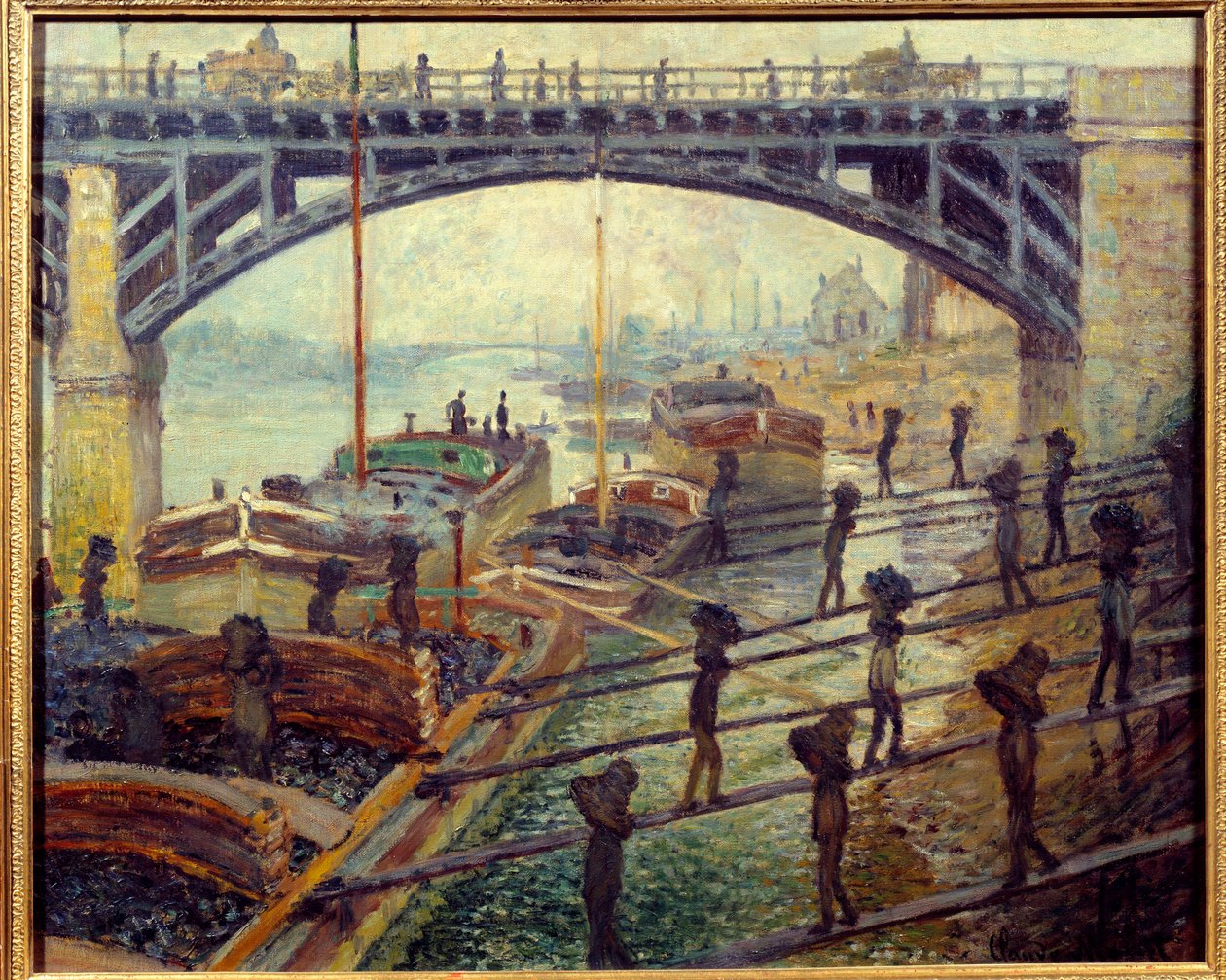Debardeurs kolenlossers lossen goederen van de huisjes aan de oevers van de Seine door Claude Monet