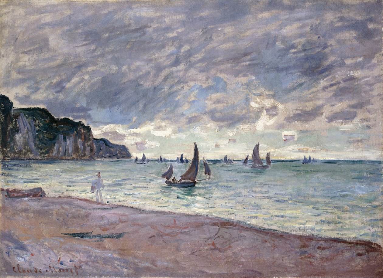 Vissersboten voor het Strand en de Kliffen van Pourville, 1882 door Claude Monet
