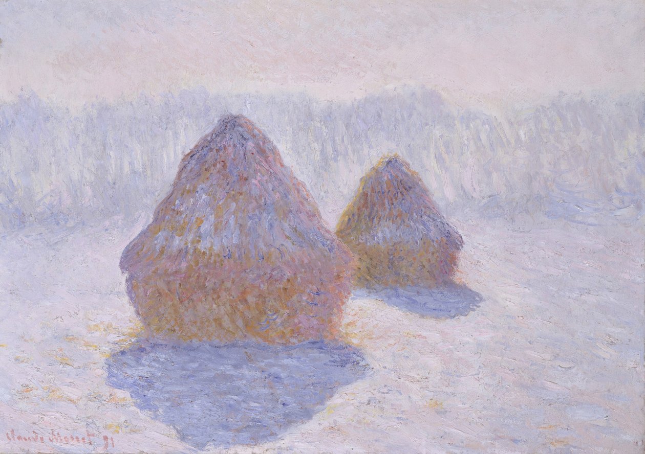 Hooibergen (Effect van sneeuw en zon) door Claude Monet