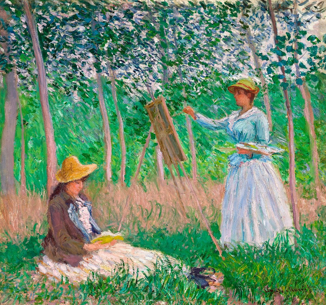 In het Bos bij Giverny: Blanche Hoschedé bij haar Ezeltje met Suzanne Hoschedé Lezend, 1887 door Claude Monet