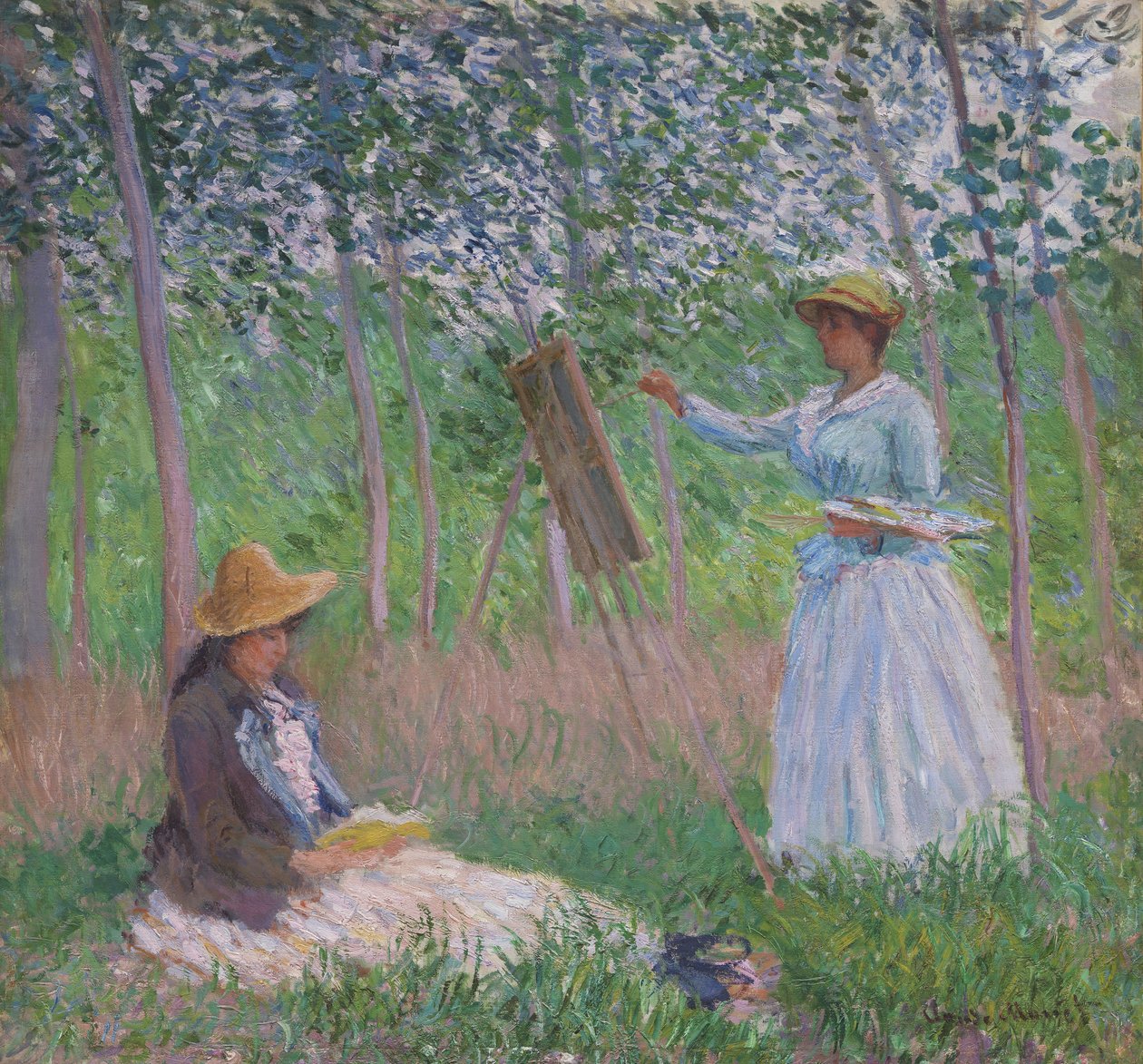In het bos bij Giverny: Blanche Hoschedé aan haar schildersezel, terwijl Suzanne Hoschedé zit te lezen door Claude Monet