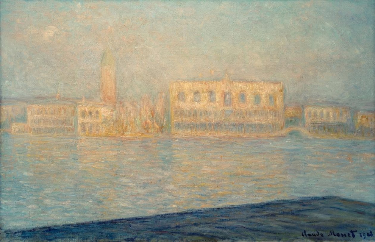 Het Dogepaleis gezien vanaf San Giorgio Maggiore door Claude Monet