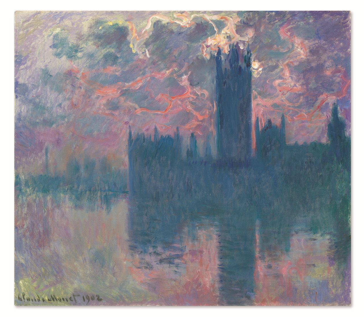 Le Parlement, soleil couchant (Het Parlement, bij zonsondergang) door Claude Monet