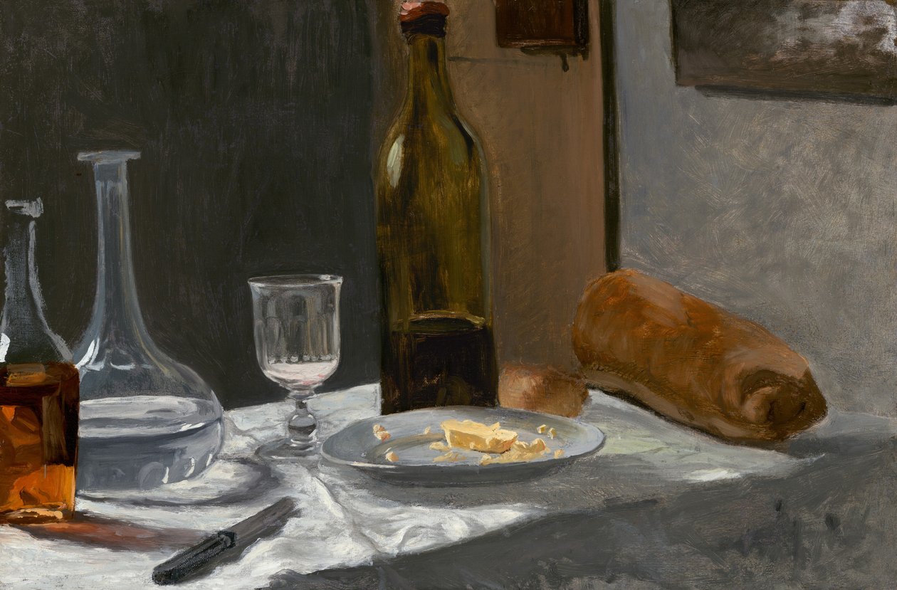Stilleven met fles, karaf, brood en wijn door Claude Monet