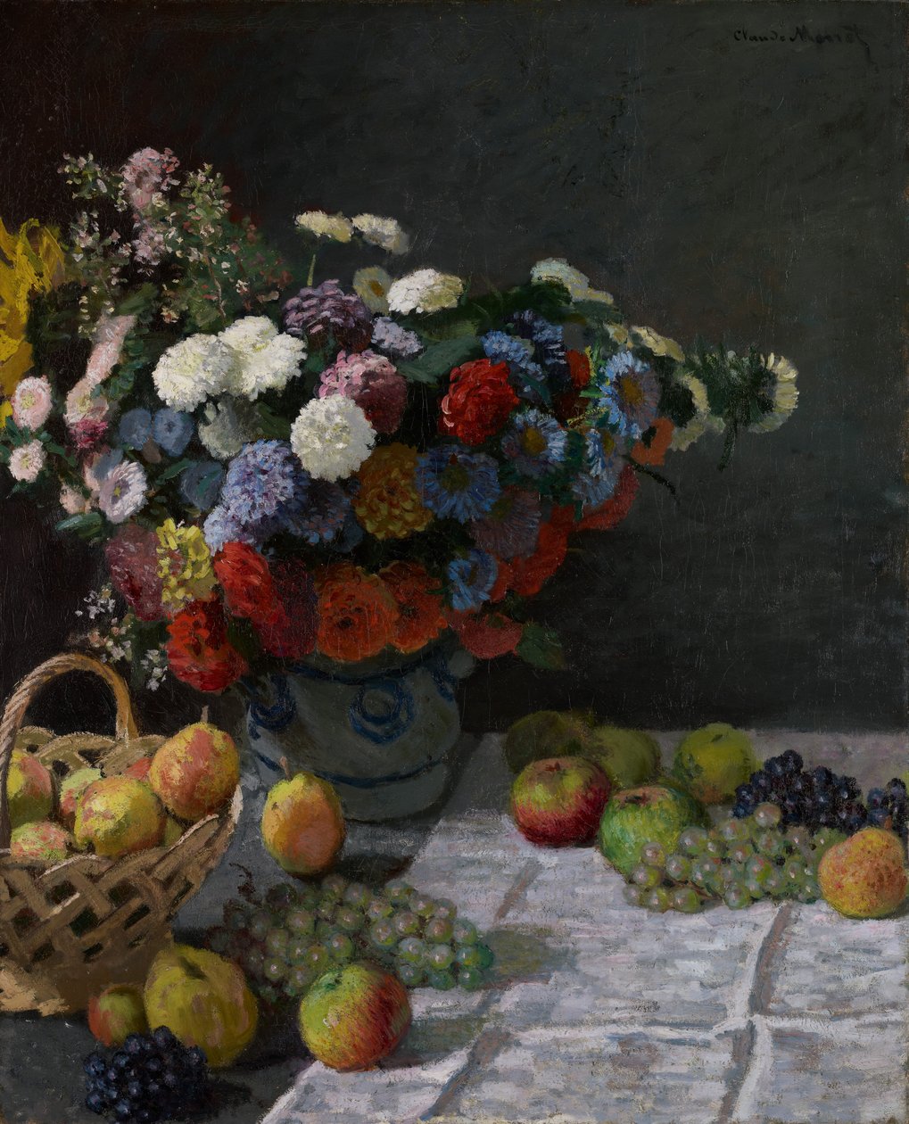 Stilleven met bloemen en fruit door Claude Monet