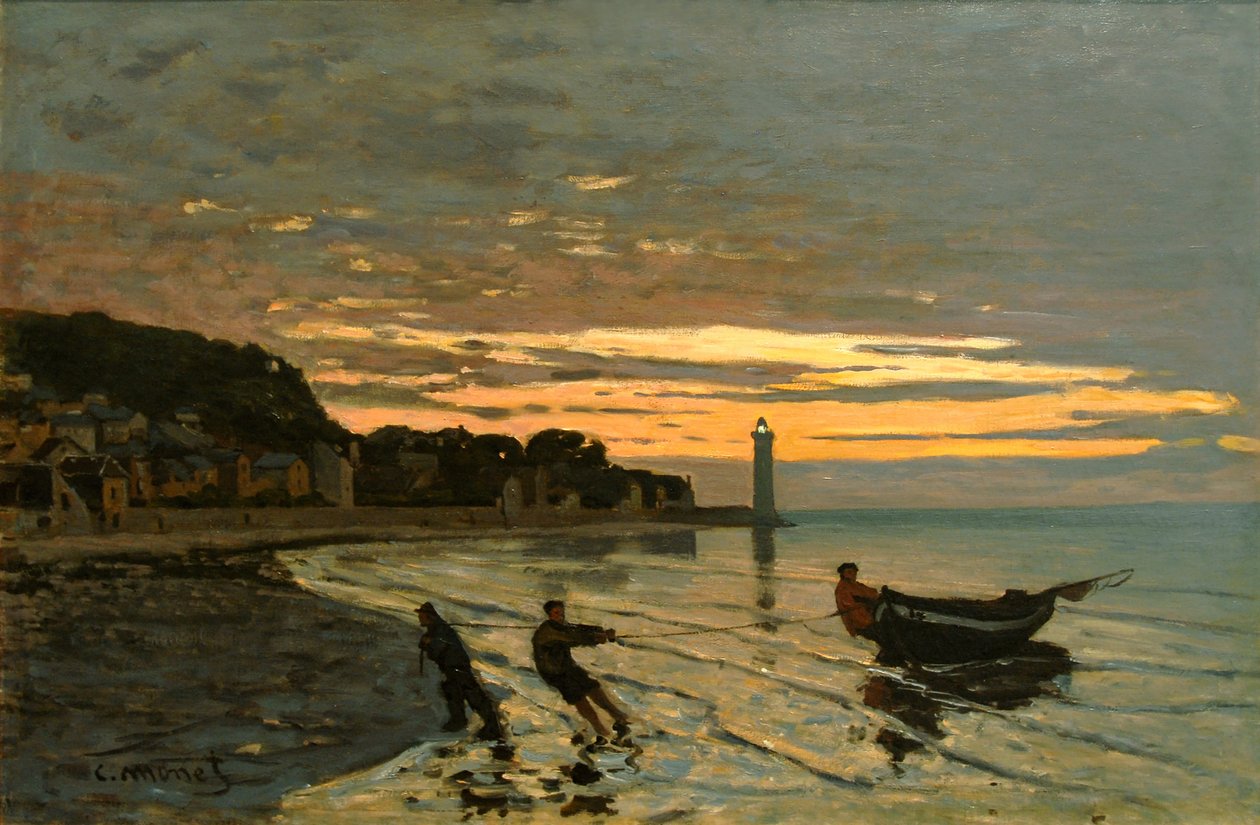 Boot slepen, Honfleur door Claude Monet
