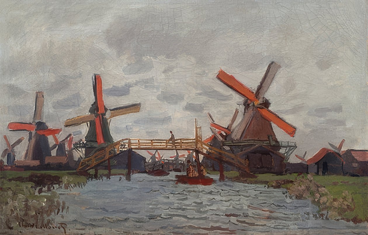 Windmolens in Westzijderveld nabij Zaandam. 1871 door Claude Monet