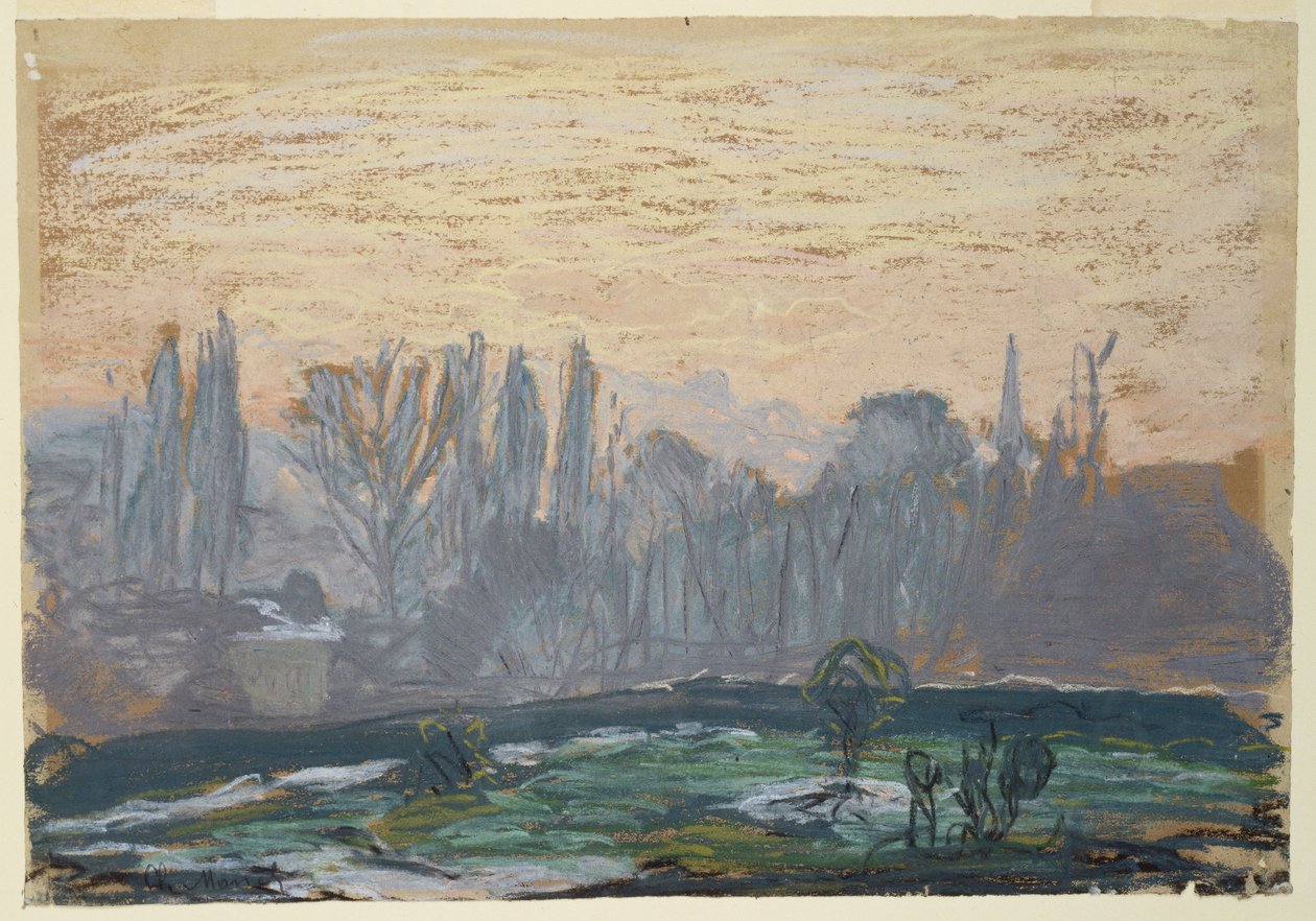 Winterlandschap met avondhemel door Claude Monet
