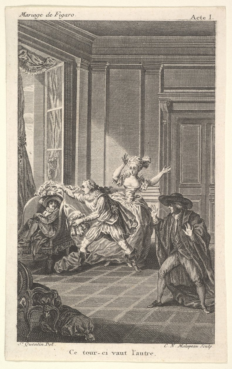Een man opgerold in een stoel kijkt naar een andere man die hem van links nadert, ca. 1784 door Claude Nicolas Malapeau