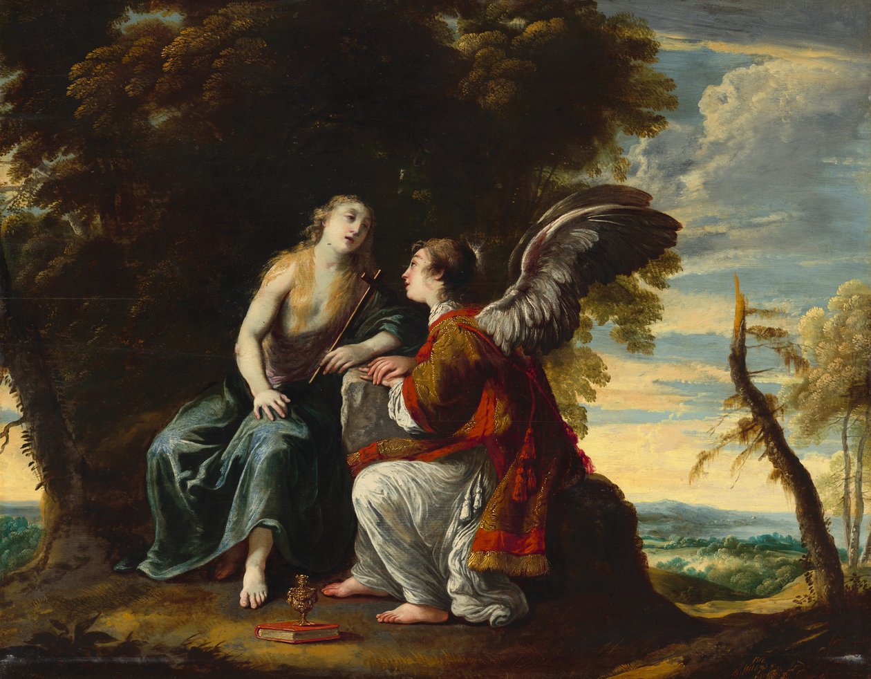 Maria Magdalena getroost door een engel door Claude Vignon