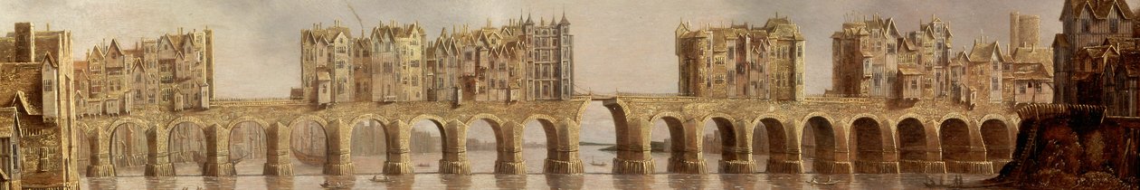 Detail van de oude London Bridge op een schilderij uit 1632 (detail) door Claude de Jongh